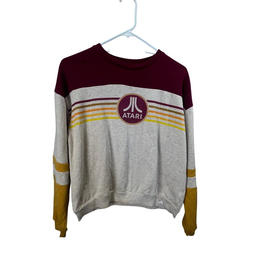 Atari Retro Gaming Colorblock Sweatshirt Maroon Gray Yellow Striped Small